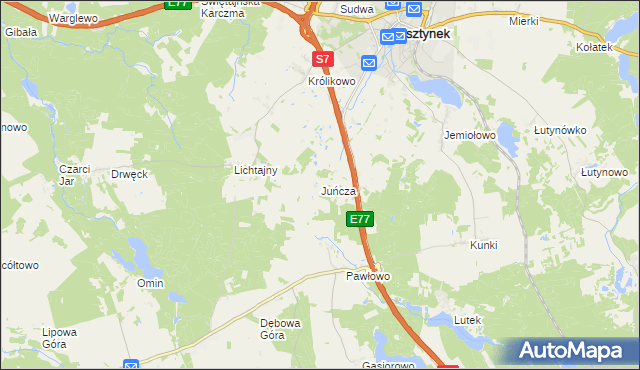 mapa Juńcza gmina Olsztynek, Juńcza gmina Olsztynek na mapie Targeo