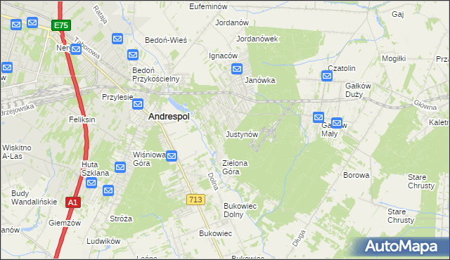 mapa Justynów gmina Andrespol, Justynów gmina Andrespol na mapie Targeo