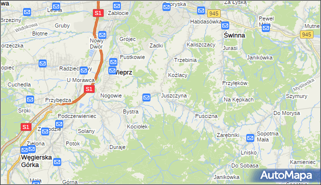 mapa Juszczyna, Juszczyna na mapie Targeo