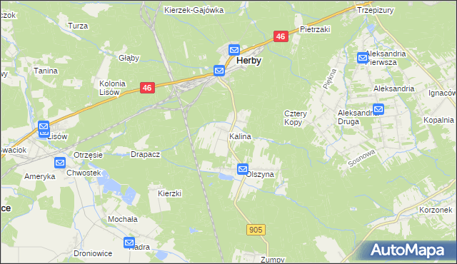 mapa Kalina gmina Herby, Kalina gmina Herby na mapie Targeo