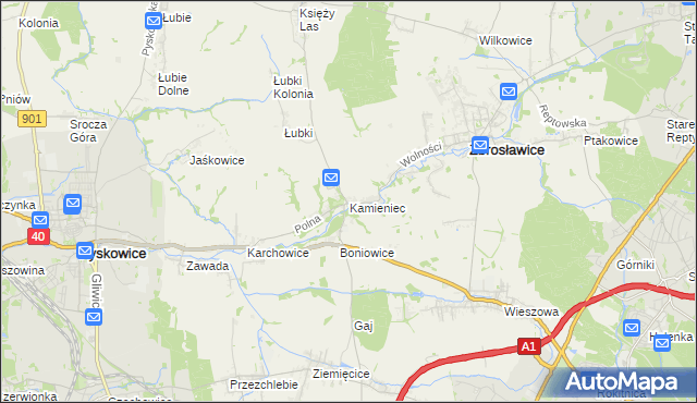 mapa Kamieniec gmina Zbrosławice, Kamieniec gmina Zbrosławice na mapie Targeo