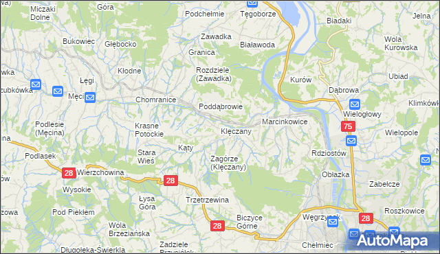 mapa Klęczany gmina Chełmiec, Klęczany gmina Chełmiec na mapie Targeo
