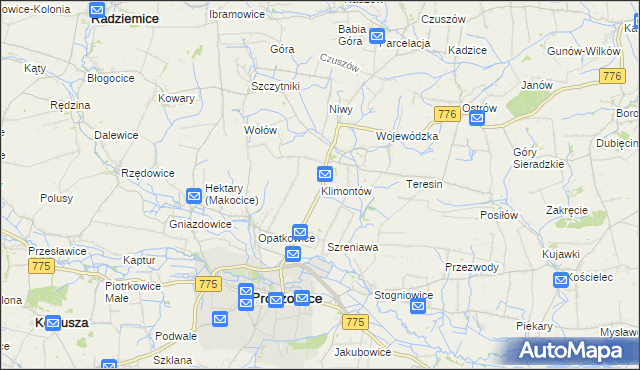 mapa Klimontów gmina Proszowice, Klimontów gmina Proszowice na mapie Targeo