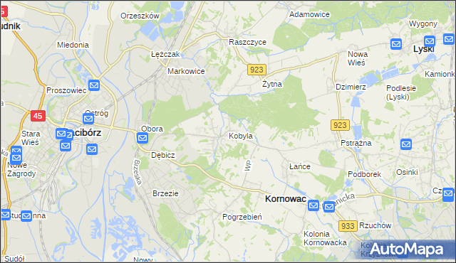mapa Kobyla gmina Kornowac, Kobyla gmina Kornowac na mapie Targeo