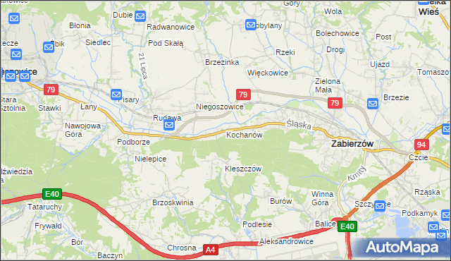 mapa Kochanów gmina Zabierzów, Kochanów gmina Zabierzów na mapie Targeo