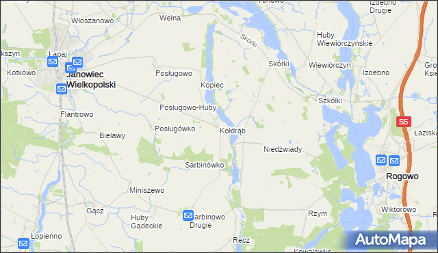 mapa Kołdrąb gmina Janowiec Wielkopolski, Kołdrąb gmina Janowiec Wielkopolski na mapie Targeo