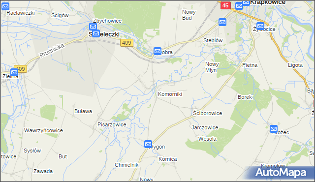 mapa Komorniki gmina Strzeleczki, Komorniki gmina Strzeleczki na mapie Targeo