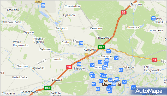 mapa Komorów gmina Tomaszów Mazowiecki, Komorów gmina Tomaszów Mazowiecki na mapie Targeo