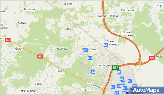 mapa Komorowo gmina Ostrów Mazowiecka, Komorowo gmina Ostrów Mazowiecka na mapie Targeo