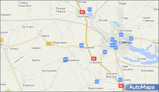 mapa Kończewice gmina Chełmża, Kończewice gmina Chełmża na mapie Targeo