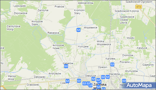 mapa Korczew gmina Zduńska Wola, Korczew gmina Zduńska Wola na mapie Targeo