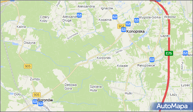 mapa Korzonek gmina Konopiska, Korzonek gmina Konopiska na mapie Targeo