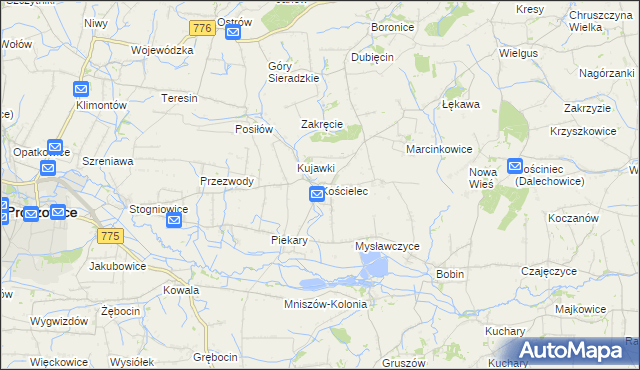 mapa Kościelec gmina Proszowice, Kościelec gmina Proszowice na mapie Targeo