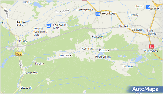 mapa Kośmidry gmina Pawonków, Kośmidry gmina Pawonków na mapie Targeo