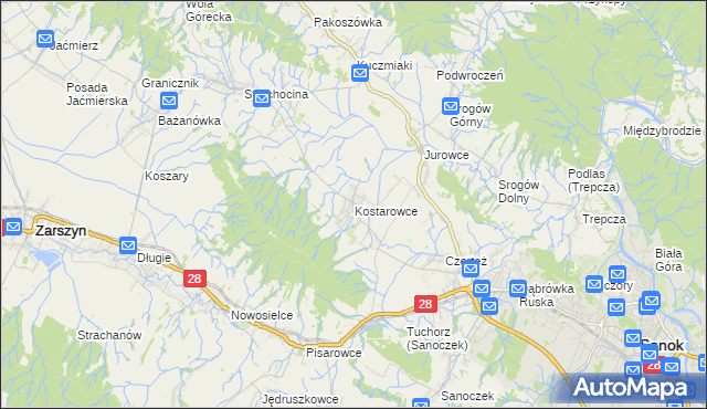 mapa Kostarowce, Kostarowce na mapie Targeo