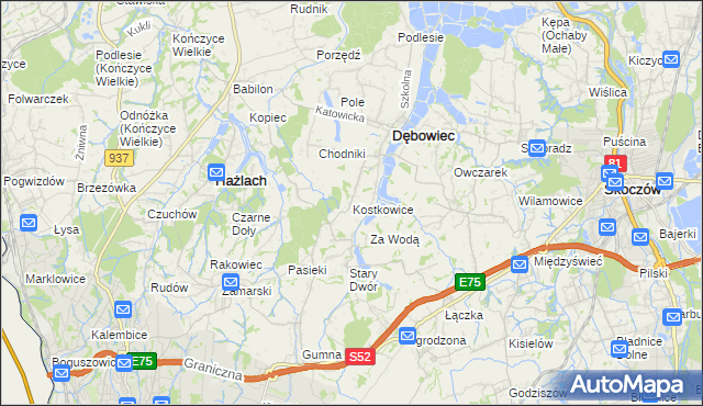 mapa Kostkowice gmina Dębowiec, Kostkowice gmina Dębowiec na mapie Targeo