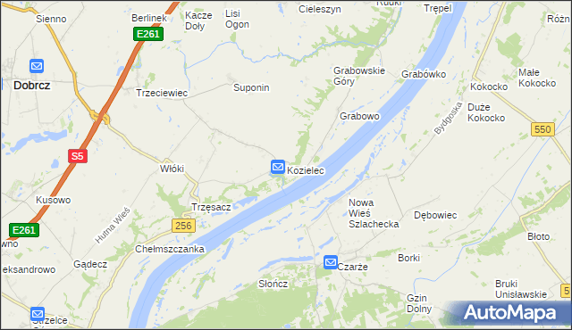 mapa Kozielec gmina Dobrcz, Kozielec gmina Dobrcz na mapie Targeo