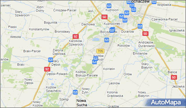 mapa Kozłów Biskupi, Kozłów Biskupi na mapie Targeo
