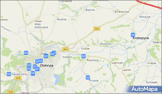 mapa Kozów gmina Złotoryja, Kozów gmina Złotoryja na mapie Targeo