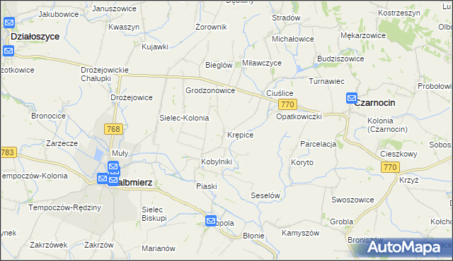 mapa Krępice gmina Skalbmierz, Krępice gmina Skalbmierz na mapie Targeo