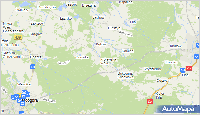 mapa Królewska Wola gmina Międzybórz, Królewska Wola gmina Międzybórz na mapie Targeo