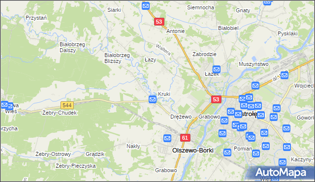 mapa Kruki gmina Olszewo-Borki, Kruki gmina Olszewo-Borki na mapie Targeo