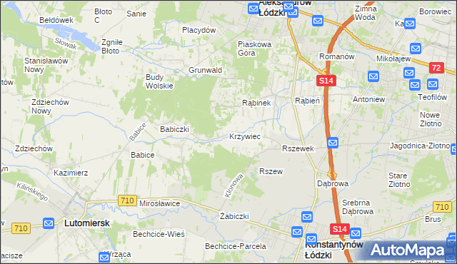 mapa Krzywiec gmina Aleksandrów Łódzki, Krzywiec gmina Aleksandrów Łódzki na mapie Targeo