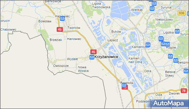 mapa Krzyżanowice powiat raciborski, Krzyżanowice powiat raciborski na mapie Targeo