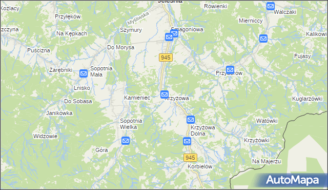 mapa Krzyżowa gmina Jeleśnia, Krzyżowa gmina Jeleśnia na mapie Targeo