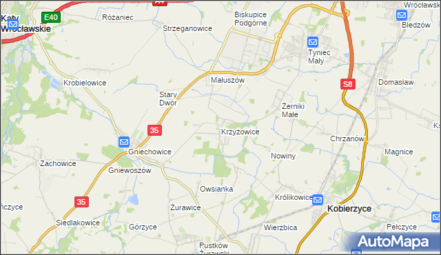 mapa Krzyżowice gmina Kobierzyce, Krzyżowice gmina Kobierzyce na mapie Targeo