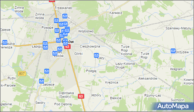 mapa Łazy gmina Łuków, Łazy gmina Łuków na mapie Targeo