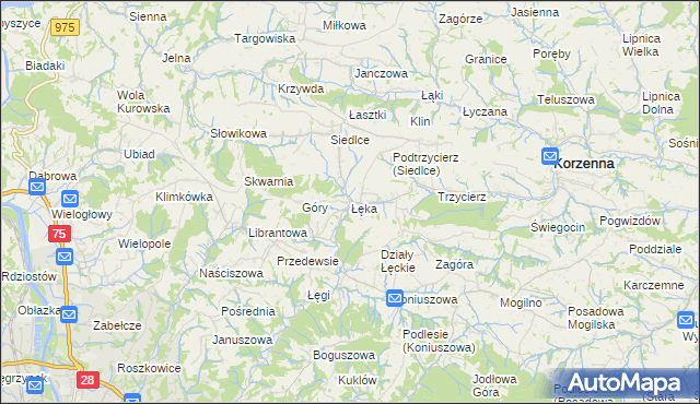mapa Łęka gmina Korzenna, Łęka gmina Korzenna na mapie Targeo