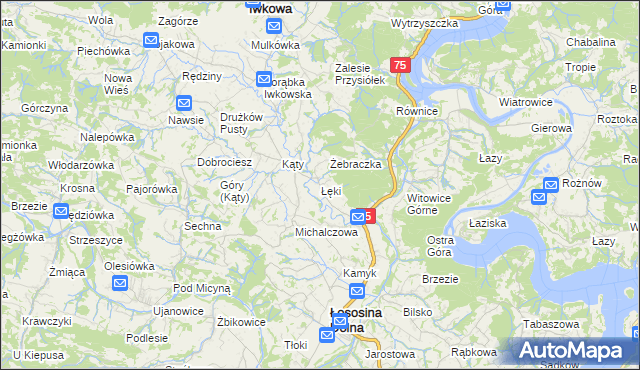 mapa Łęki gmina Łososina Dolna, Łęki gmina Łososina Dolna na mapie Targeo