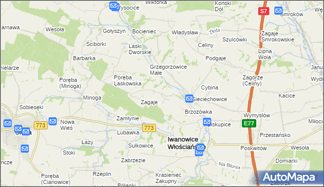 mapa Lesieniec gmina Iwanowice, Lesieniec gmina Iwanowice na mapie Targeo