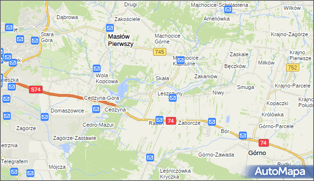 mapa Leszczyny gmina Górno, Leszczyny gmina Górno na mapie Targeo