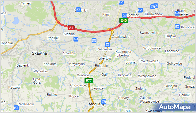 mapa Libertów gmina Mogilany, Libertów gmina Mogilany na mapie Targeo
