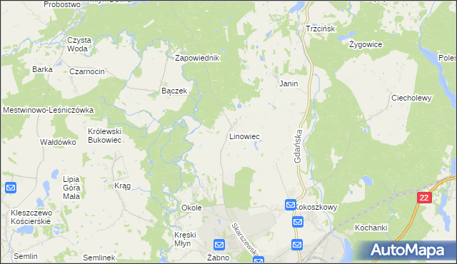 mapa Linowiec gmina Starogard Gdański, Linowiec gmina Starogard Gdański na mapie Targeo