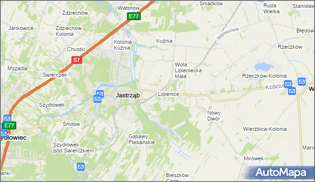 mapa Lipienice gmina Jastrząb, Lipienice gmina Jastrząb na mapie Targeo