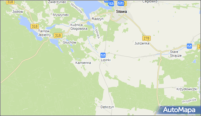 mapa Lipinki gmina Sława, Lipinki gmina Sława na mapie Targeo
