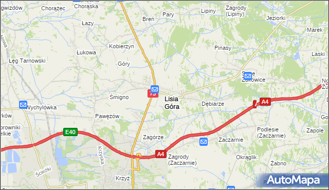 mapa Lisia Góra powiat tarnowski, Lisia Góra powiat tarnowski na mapie Targeo
