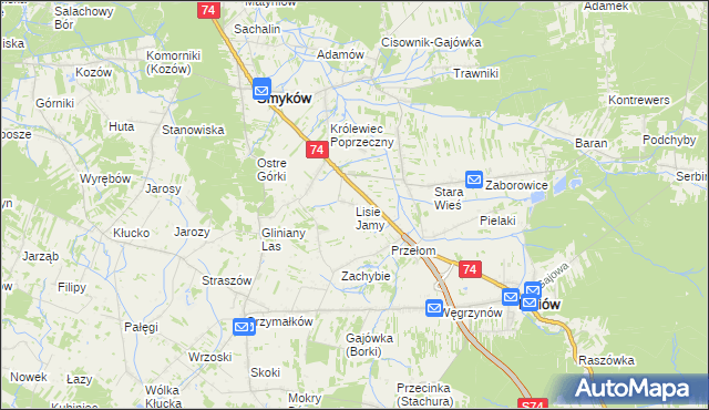 mapa Lisie Jamy gmina Mniów, Lisie Jamy gmina Mniów na mapie Targeo