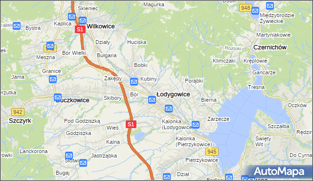 mapa Łodygowice powiat żywiecki, Łodygowice powiat żywiecki na mapie Targeo