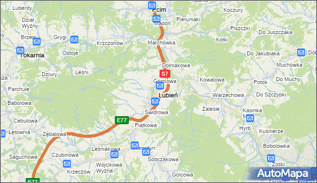 mapa Lubień powiat myślenicki, Lubień powiat myślenicki na mapie Targeo