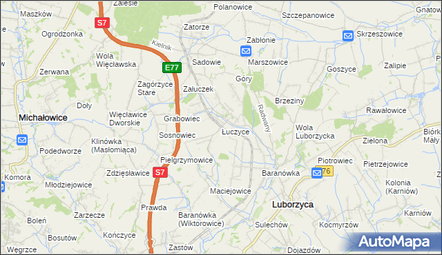 mapa Łuczyce gmina Kocmyrzów-Luborzyca, Łuczyce gmina Kocmyrzów-Luborzyca na mapie Targeo