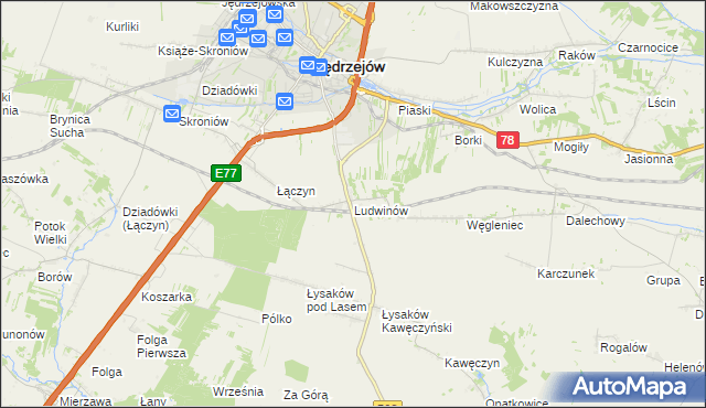 mapa Ludwinów gmina Jędrzejów, Ludwinów gmina Jędrzejów na mapie Targeo