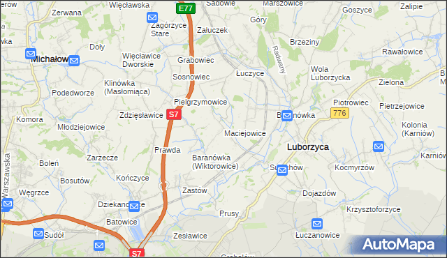 mapa Maciejowice gmina Kocmyrzów-Luborzyca, Maciejowice gmina Kocmyrzów-Luborzyca na mapie Targeo