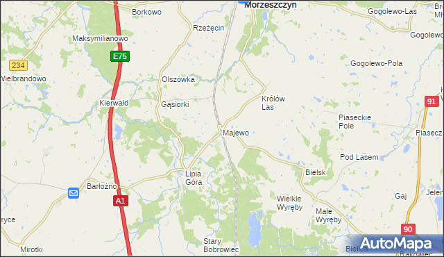 mapa Majewo gmina Morzeszczyn, Majewo gmina Morzeszczyn na mapie Targeo