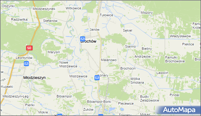 mapa Malanowo gmina Brochów, Malanowo gmina Brochów na mapie Targeo