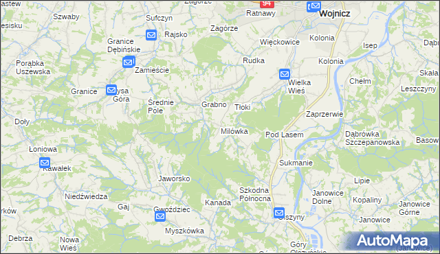 mapa Milówka gmina Wojnicz, Milówka gmina Wojnicz na mapie Targeo