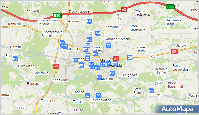 mapa Mińsk Mazowiecki, Mińsk Mazowiecki na mapie Targeo